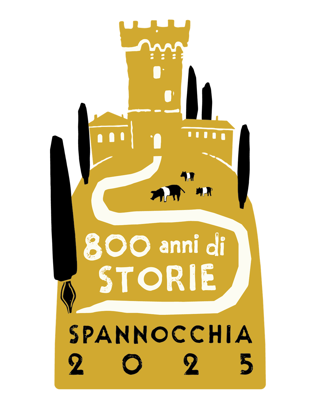 The 2025 anniversary logo. A mustard-colored illustration of the tower and vila atop a tall hill is the central image. 5 soft black cypress trees and 3 cinta senese pigs dot the landscape. A cream-colored winding road and the words "800 anni di storie" and "Spannocchia 2025" fill the inside of the hill. The largest, foremost cypress tree has a pen quill tip for a trunk to signify the years of stories and to honor Delfino Cinelli, who was a writer.