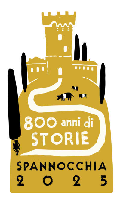 The 2025 anniversary logo. A mustard-colored illustration of the tower and vila atop a tall hill is the central image. 5 soft black cypress trees and 3 cinta senese pigs dot the landscape. A cream-colored winding road and the words "800 anni di storie" and "Spannocchia 2025" fill the inside of the hill. The largest, foremost cypress tree has a pen quill tip for a trunk to signify the years of stories and to honor Delfino Cinelli, who was a writer.