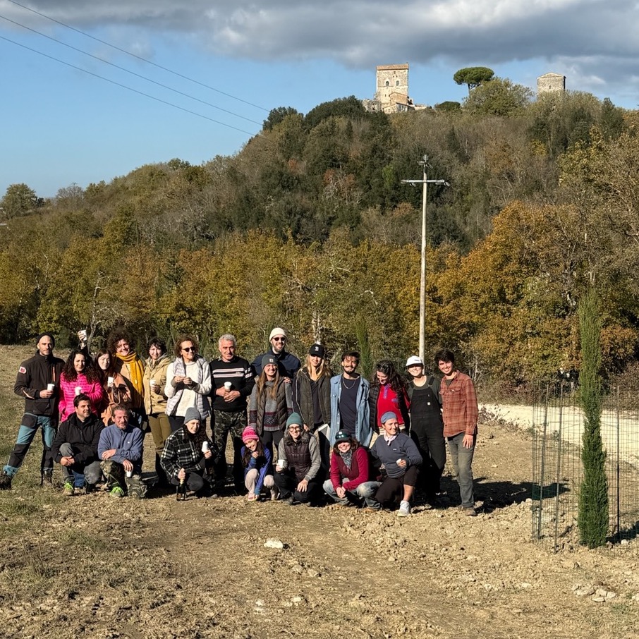 A large group of people (staff and interns) smiling at the camera in a dirt field, with a newly-planted cypress tree to the right