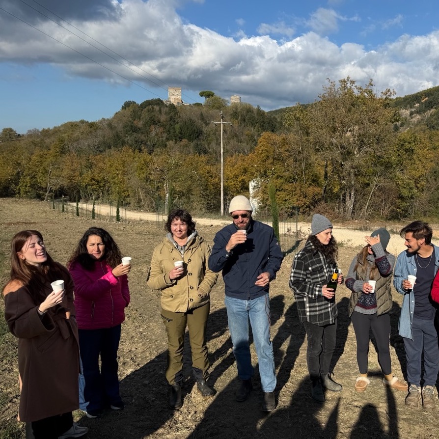 A group of staff and interns stand together talking and sipping sparkling wine with the cypress trees behind them.