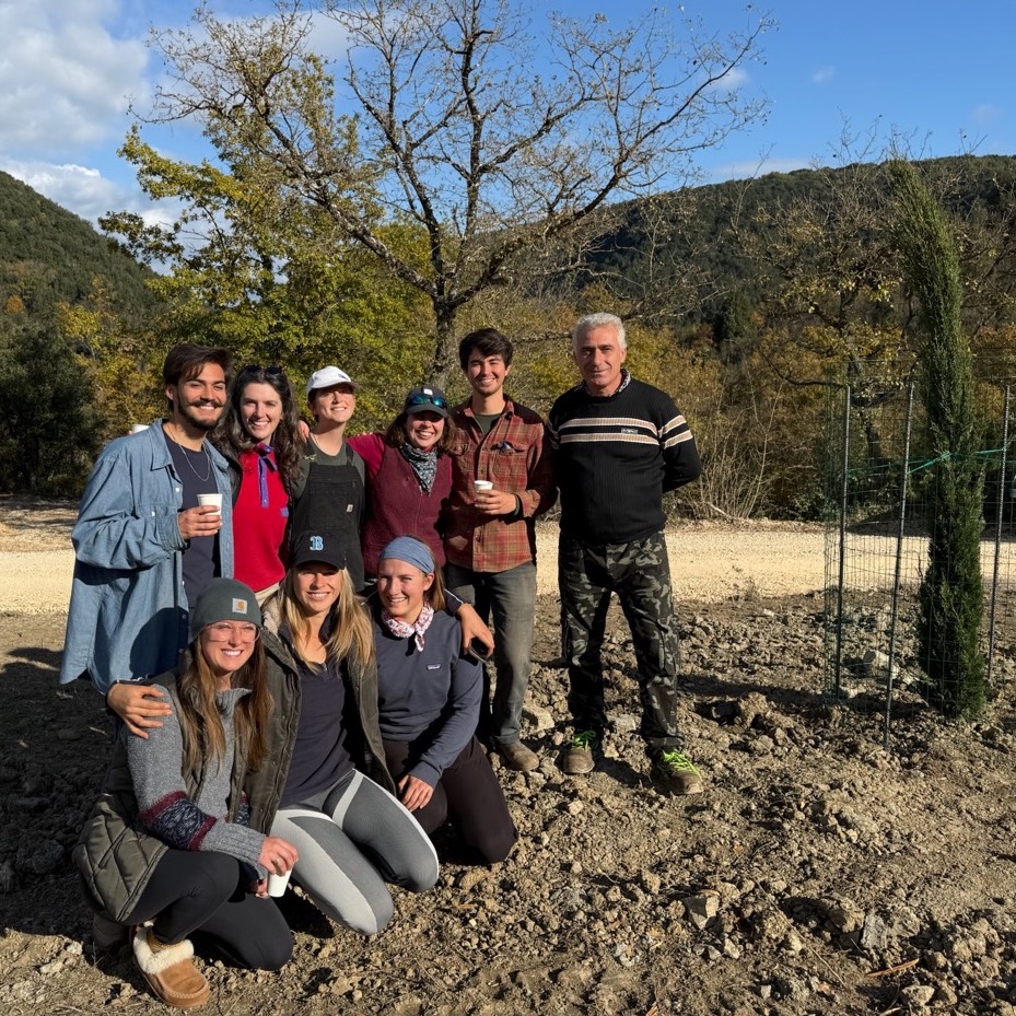 The Fall 2024 interns, with staff member Ardian, next to a baby cypress tree.