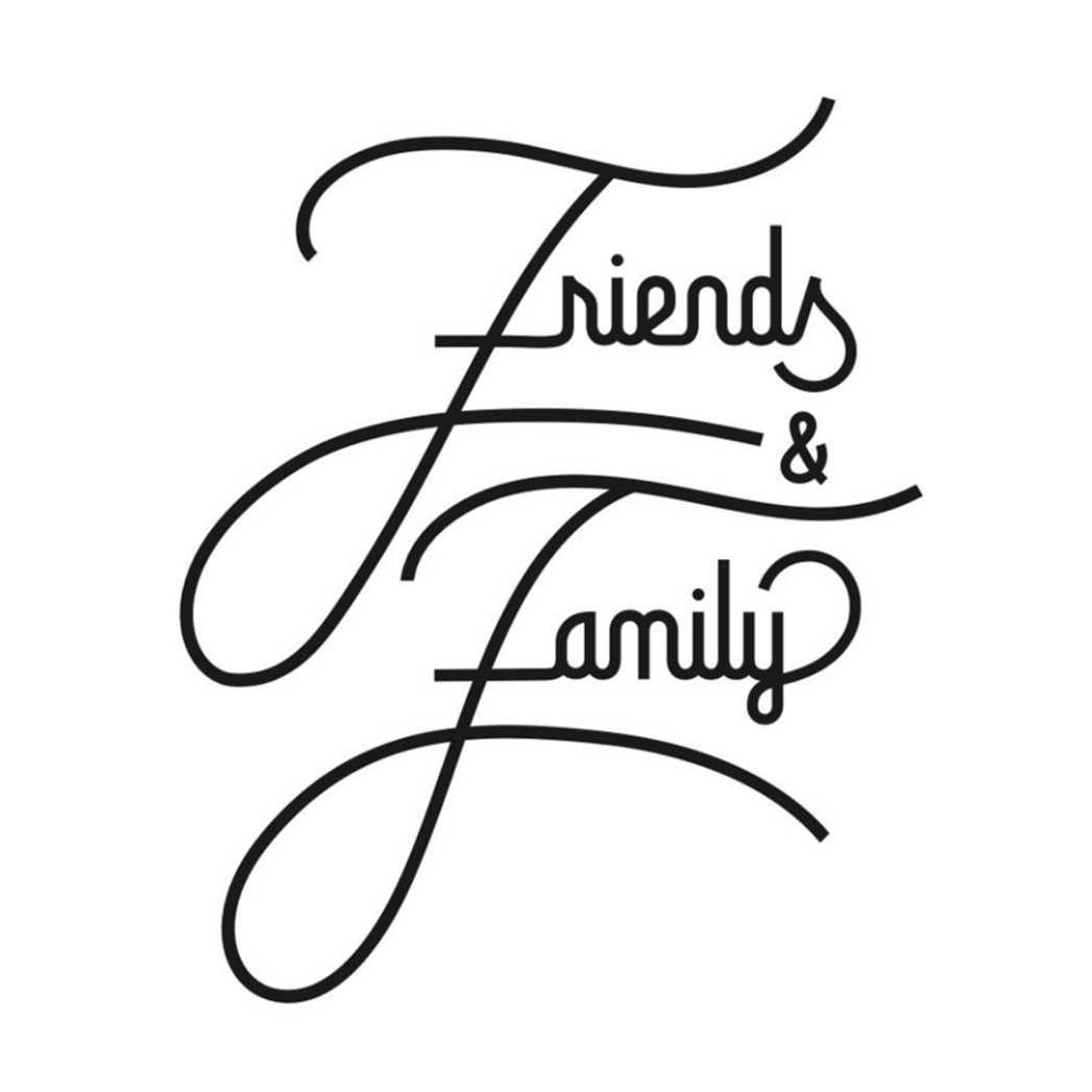 The Friends & Family logo. The words are written in black stylized cursive font.